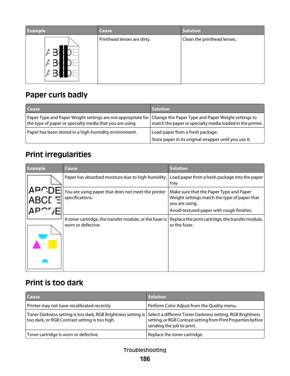 Paper curls badly, Print irregularities, Print is too dark | Lexmark 280 User Manual | Page 186 / 217