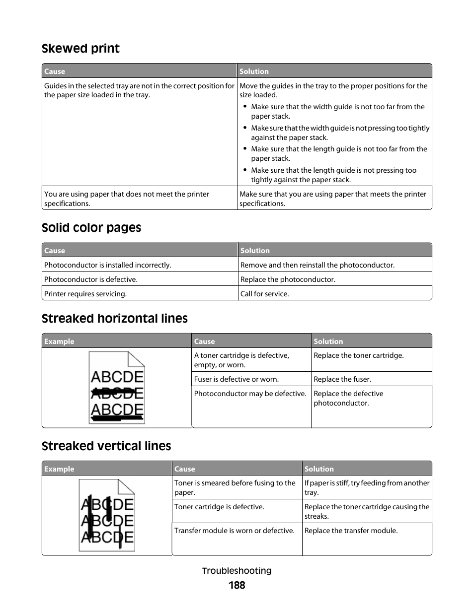 Skewed print, Streaked horizontal lines, Streaked vertical lines | Solid color pages | Lexmark 280 User Manual | Page 188 / 217