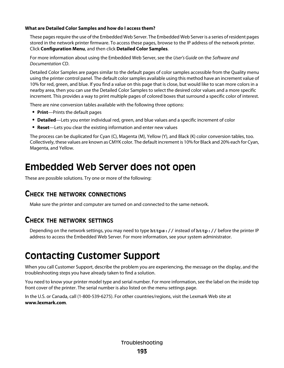 Embedded web server does not open, Check the network connections, Check the network settings | Contacting customer support | Lexmark 280 User Manual | Page 193 / 217