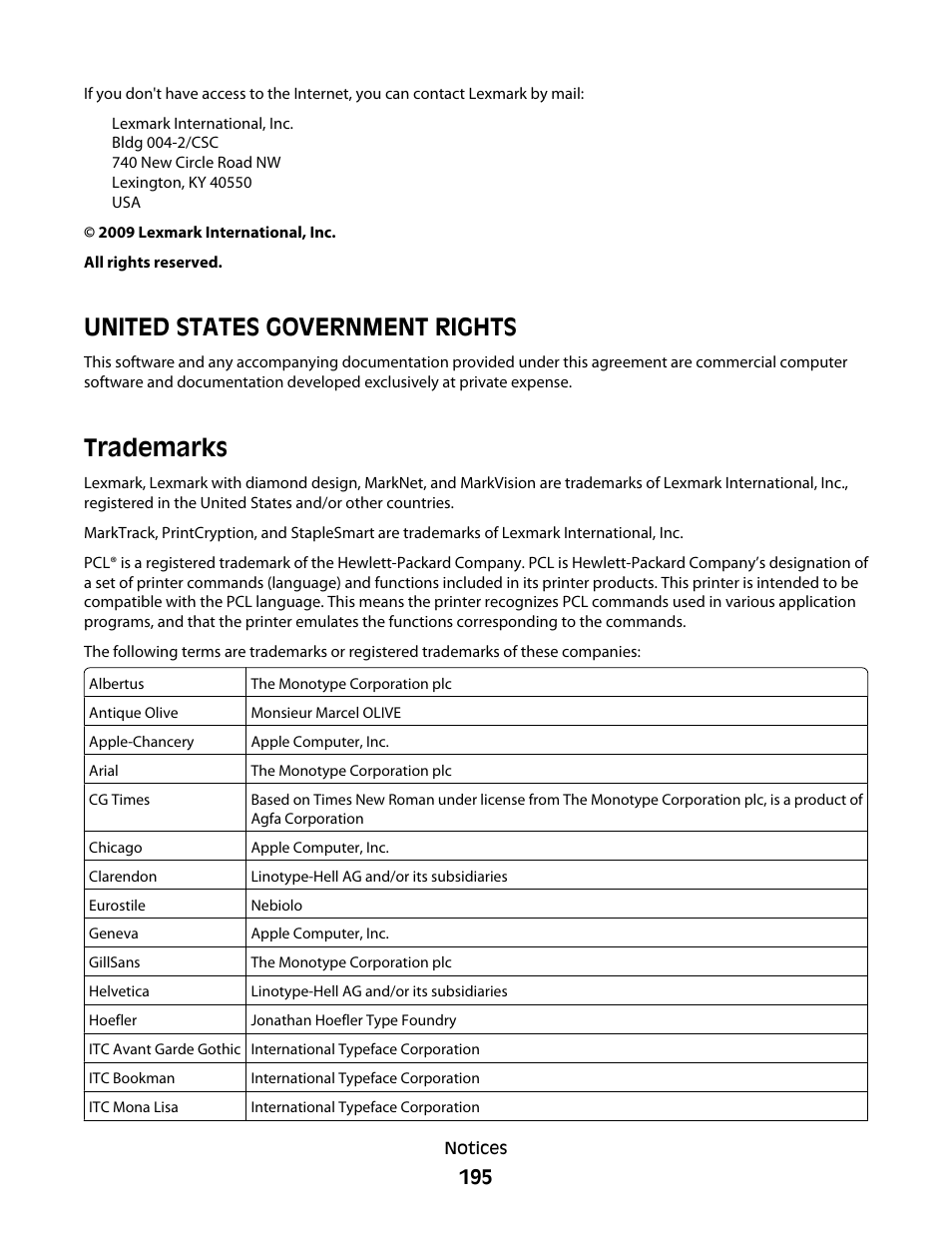 United states government rights, Trademarks | Lexmark 280 User Manual | Page 195 / 217