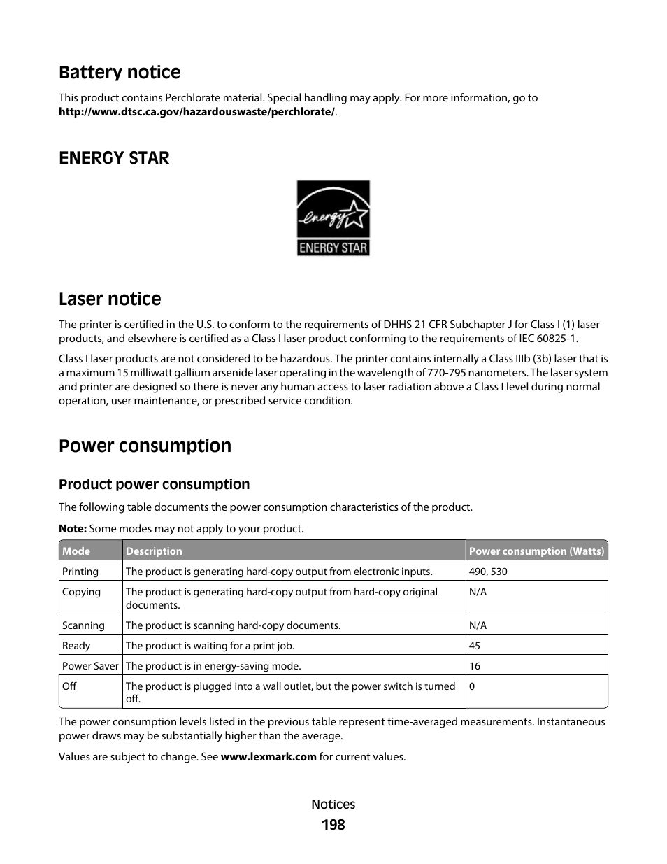 Battery notice, Energy star, Laser notice | Power consumption, Product power consumption, Energy star laser notice | Lexmark 280 User Manual | Page 198 / 217