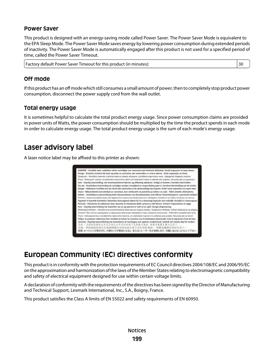 Power saver, Off mode, Total energy usage | Laser advisory label, European community (ec) directives conformity | Lexmark 280 User Manual | Page 199 / 217