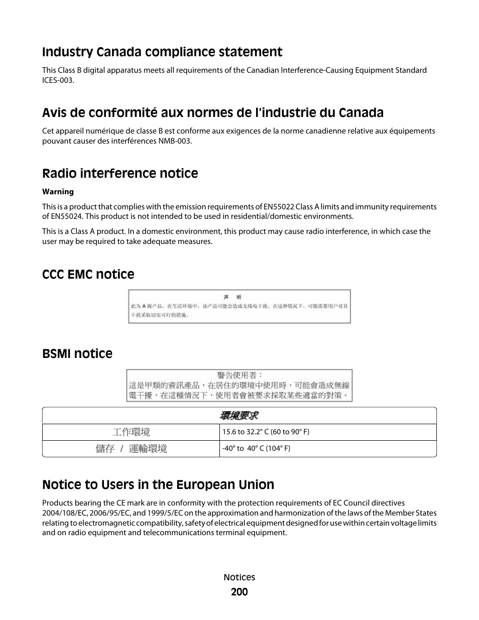 Radio interference notice, Ccc emc notice, Bsmi notice | Notice to users in the european union, Industry canada compliance statement, Ccc emc notice bsmi notice | Lexmark 280 User Manual | Page 200 / 217