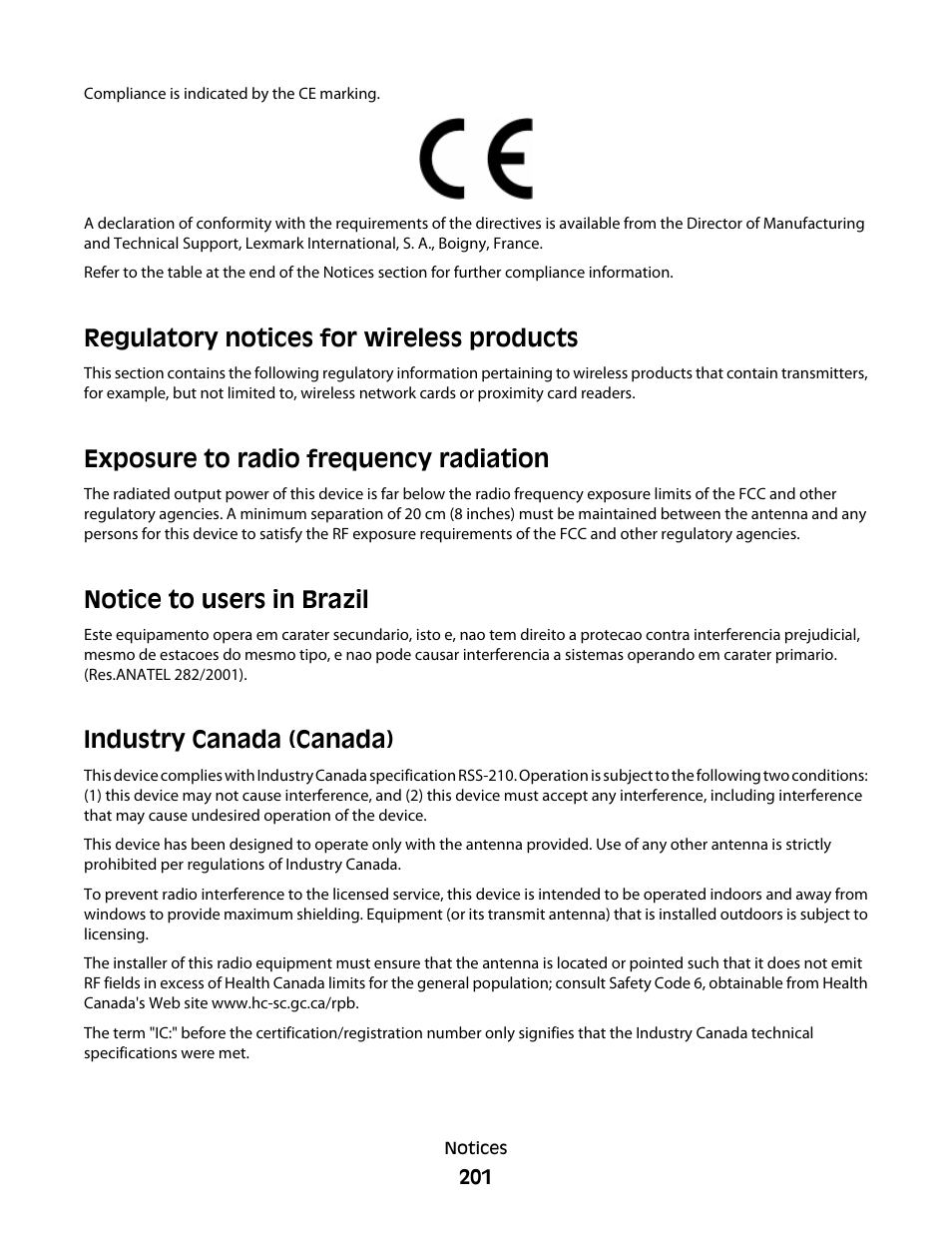 Regulatory notices for wireless products, Exposure to radio frequency radiation, Notice to users in brazil | Industry canada (canada) | Lexmark 280 User Manual | Page 201 / 217