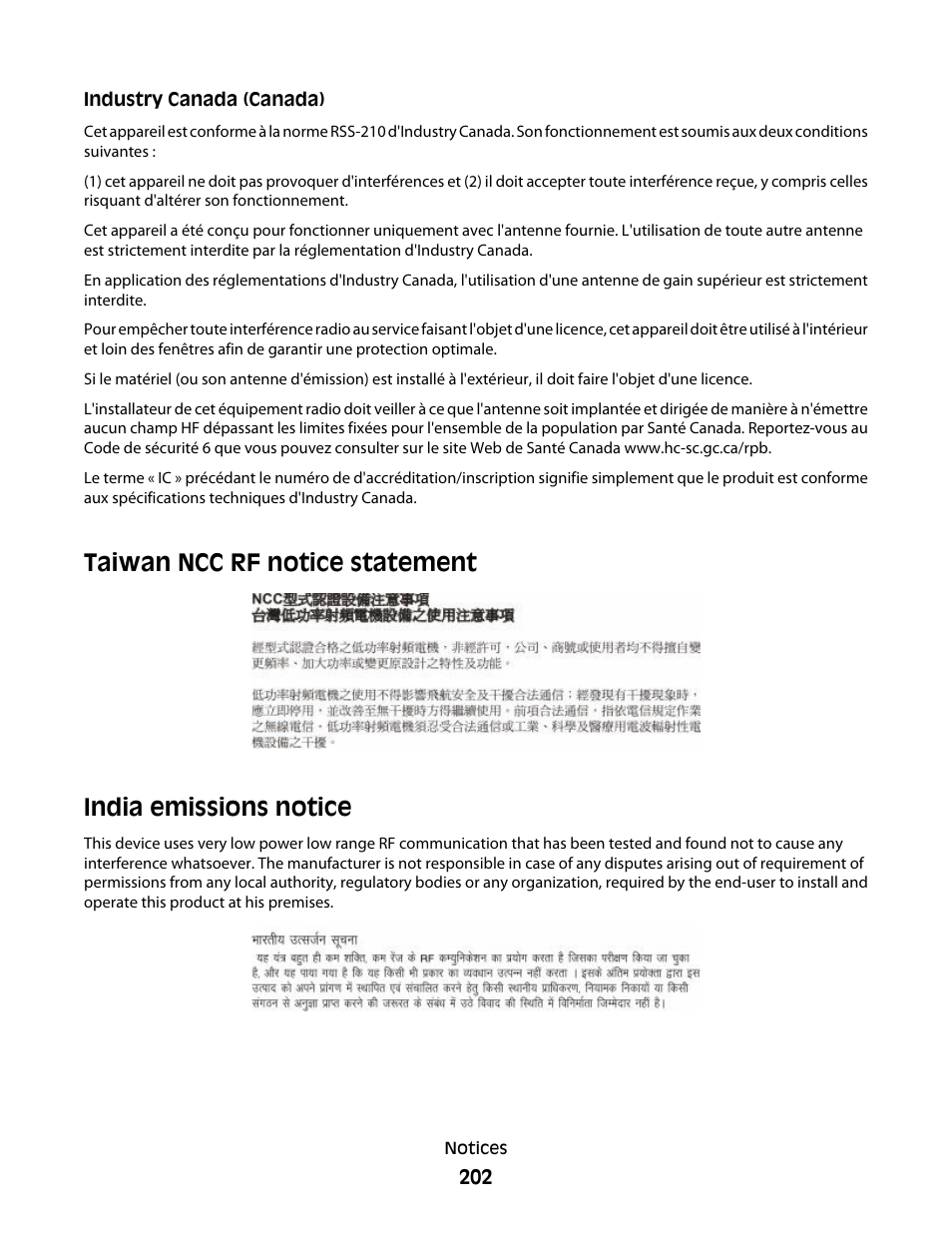 Taiwan ncc rf notice statement, India emissions notice | Lexmark 280 User Manual | Page 202 / 217