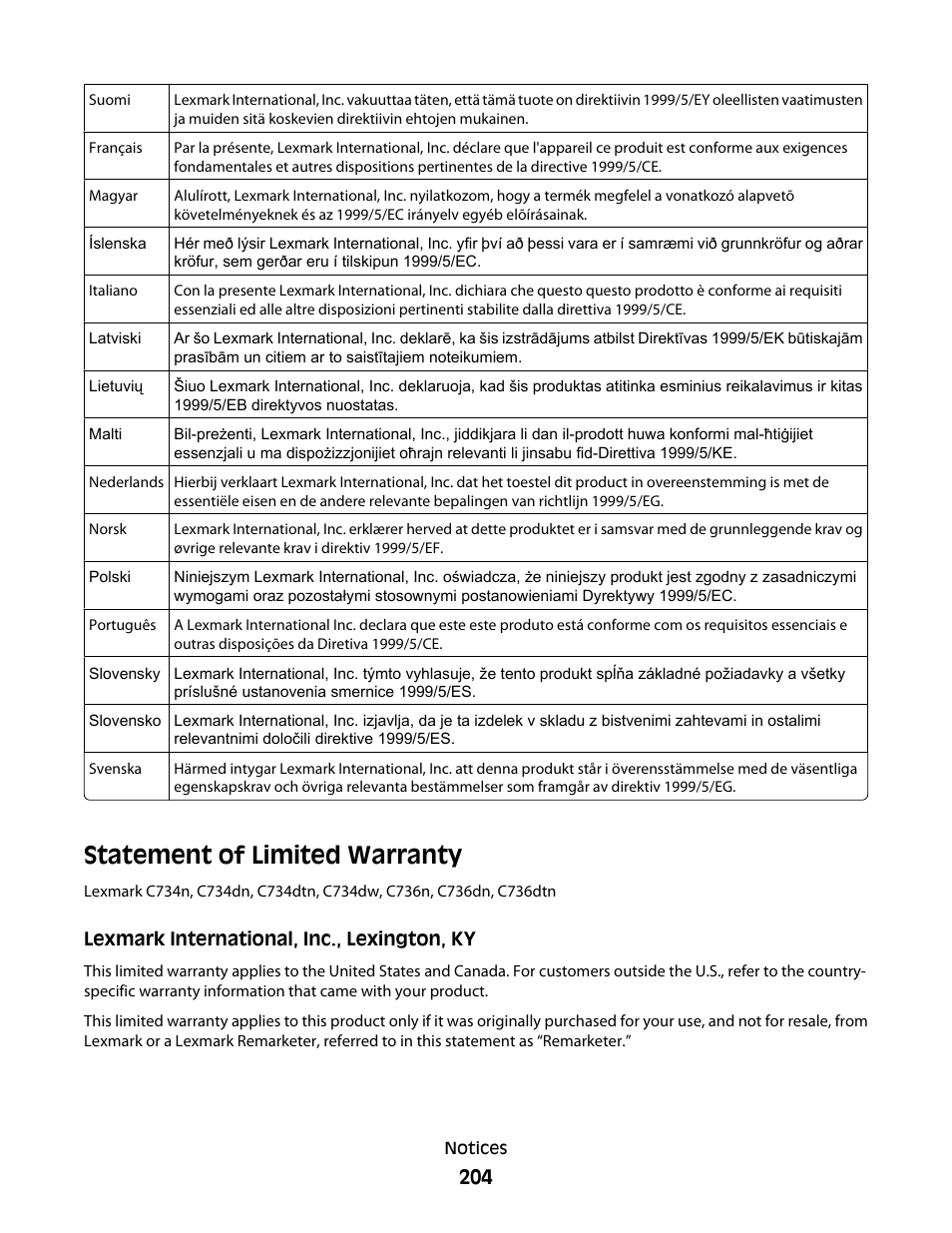 Statement of limited warranty | Lexmark 280 User Manual | Page 204 / 217