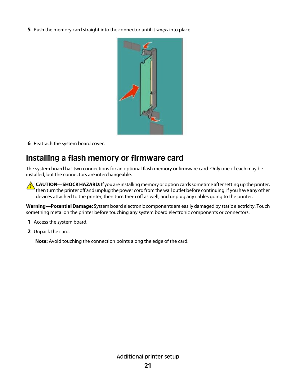 Installing a flash memory or firmware card | Lexmark 280 User Manual | Page 21 / 217