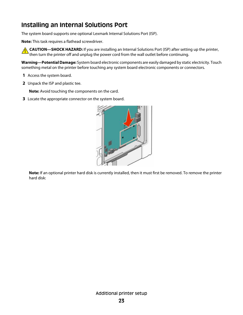Installing an internal solutions port | Lexmark 280 User Manual | Page 23 / 217