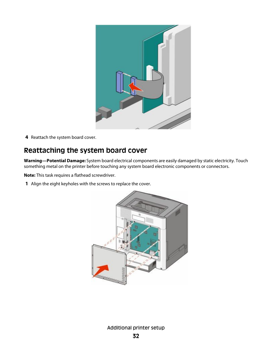 Reattaching the system board cover | Lexmark 280 User Manual | Page 32 / 217