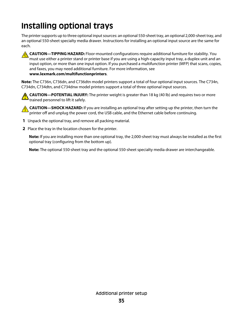 Installing optional trays | Lexmark 280 User Manual | Page 35 / 217