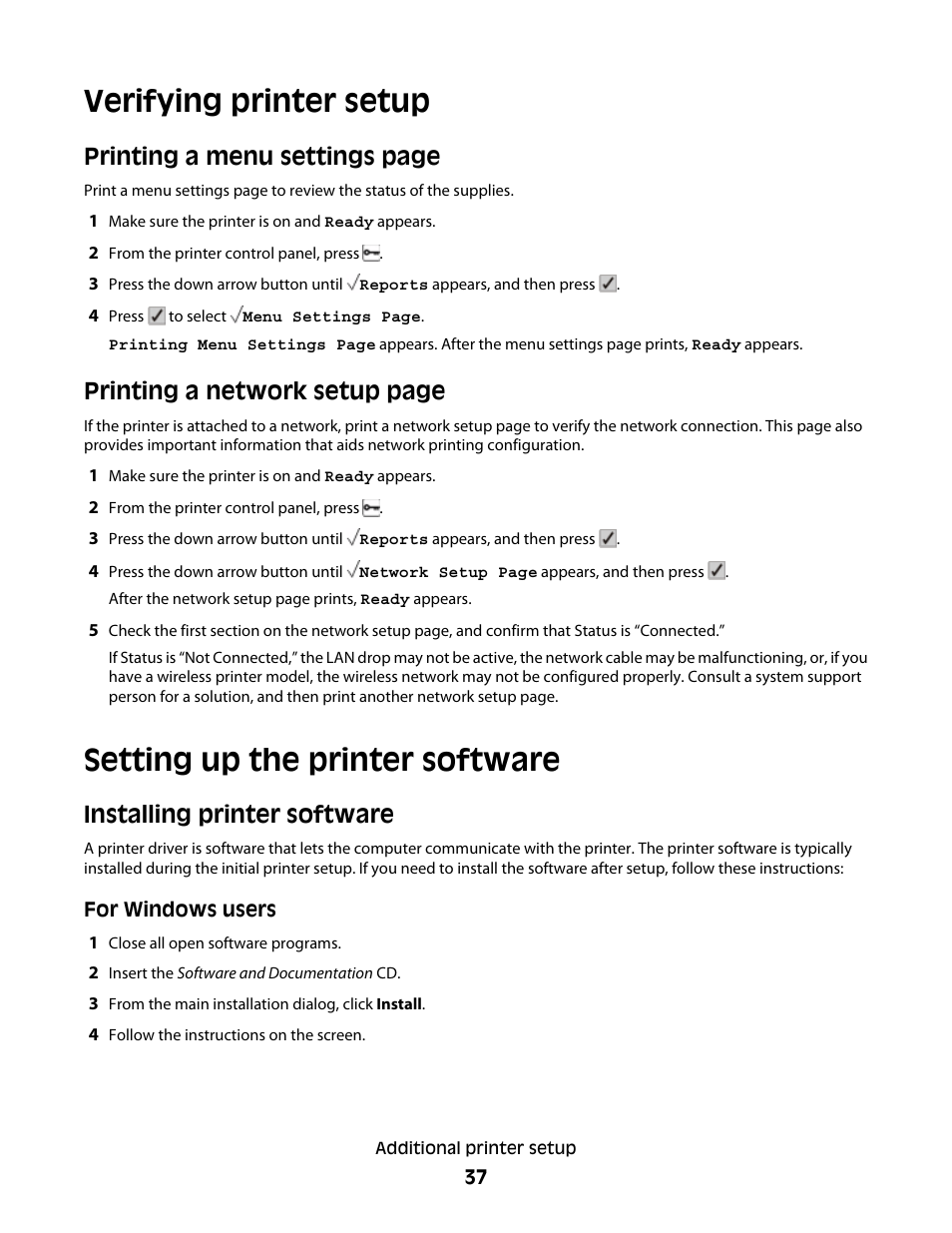 Verifying printer setup, Setting up the printer software, Installing printer software | Printing a menu settings page, Printing a network setup page | Lexmark 280 User Manual | Page 37 / 217