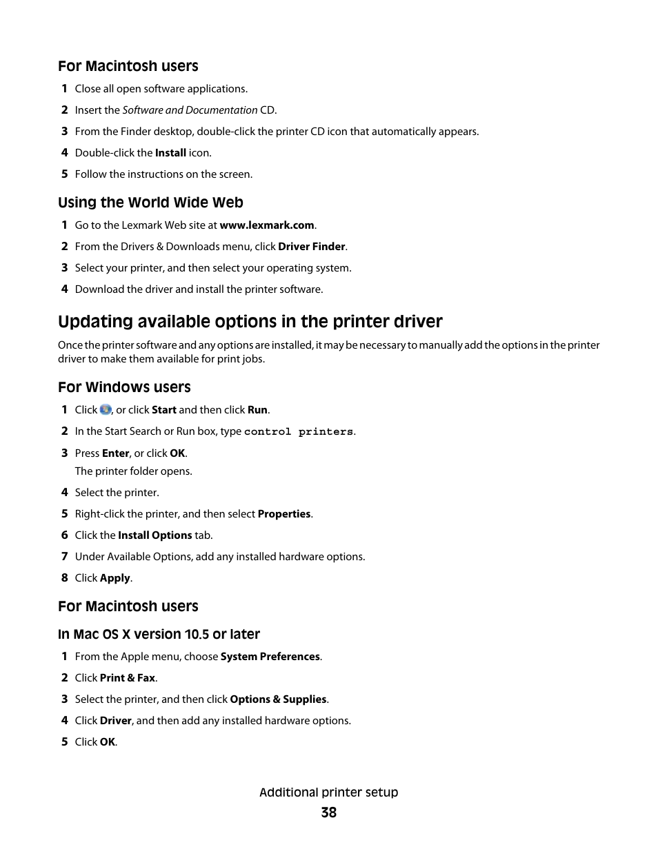 Updating available options in the printer driver | Lexmark 280 User Manual | Page 38 / 217