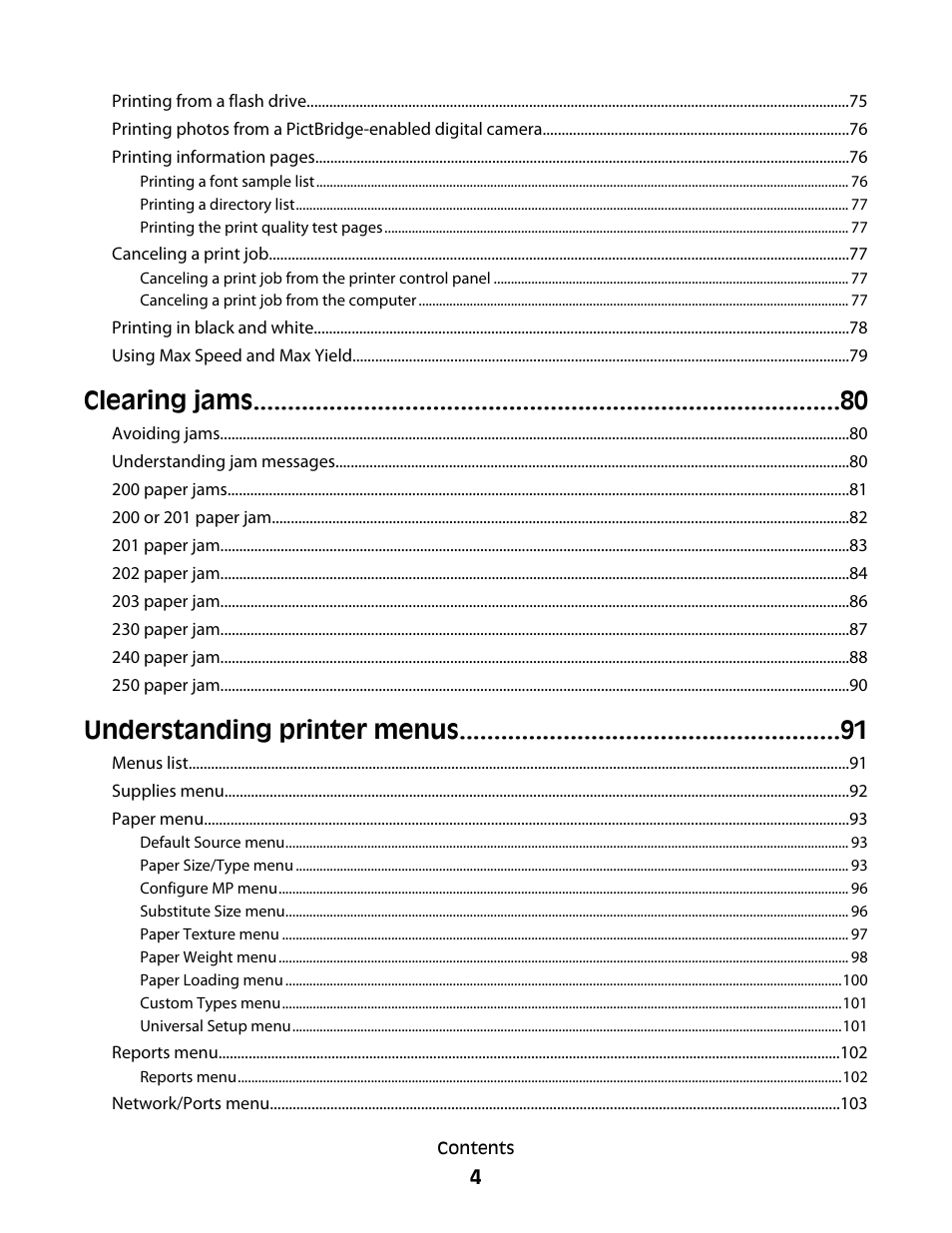 Clearing jams, Understanding printer menus | Lexmark 280 User Manual | Page 4 / 217