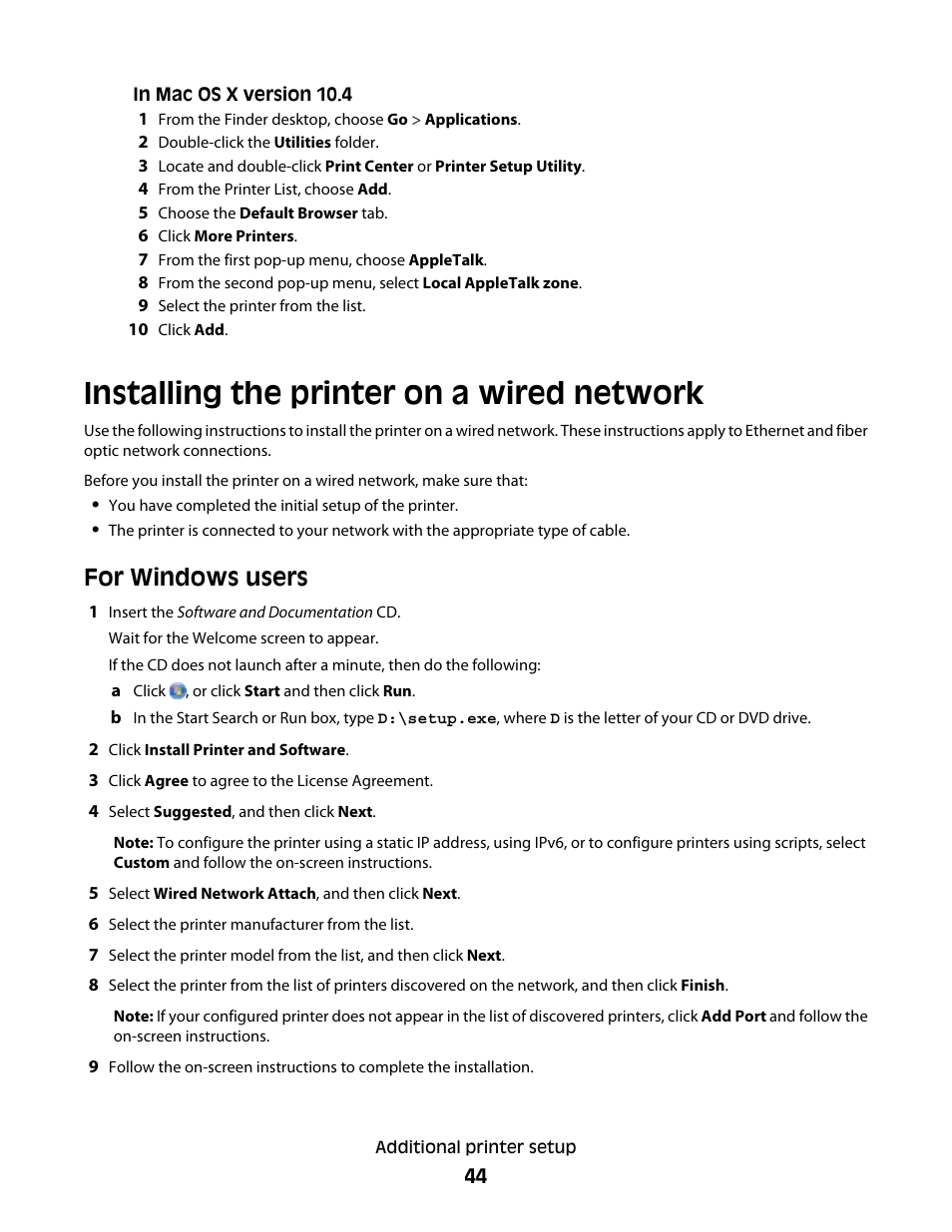 Installing the printer on a wired network, For windows users | Lexmark 280 User Manual | Page 44 / 217