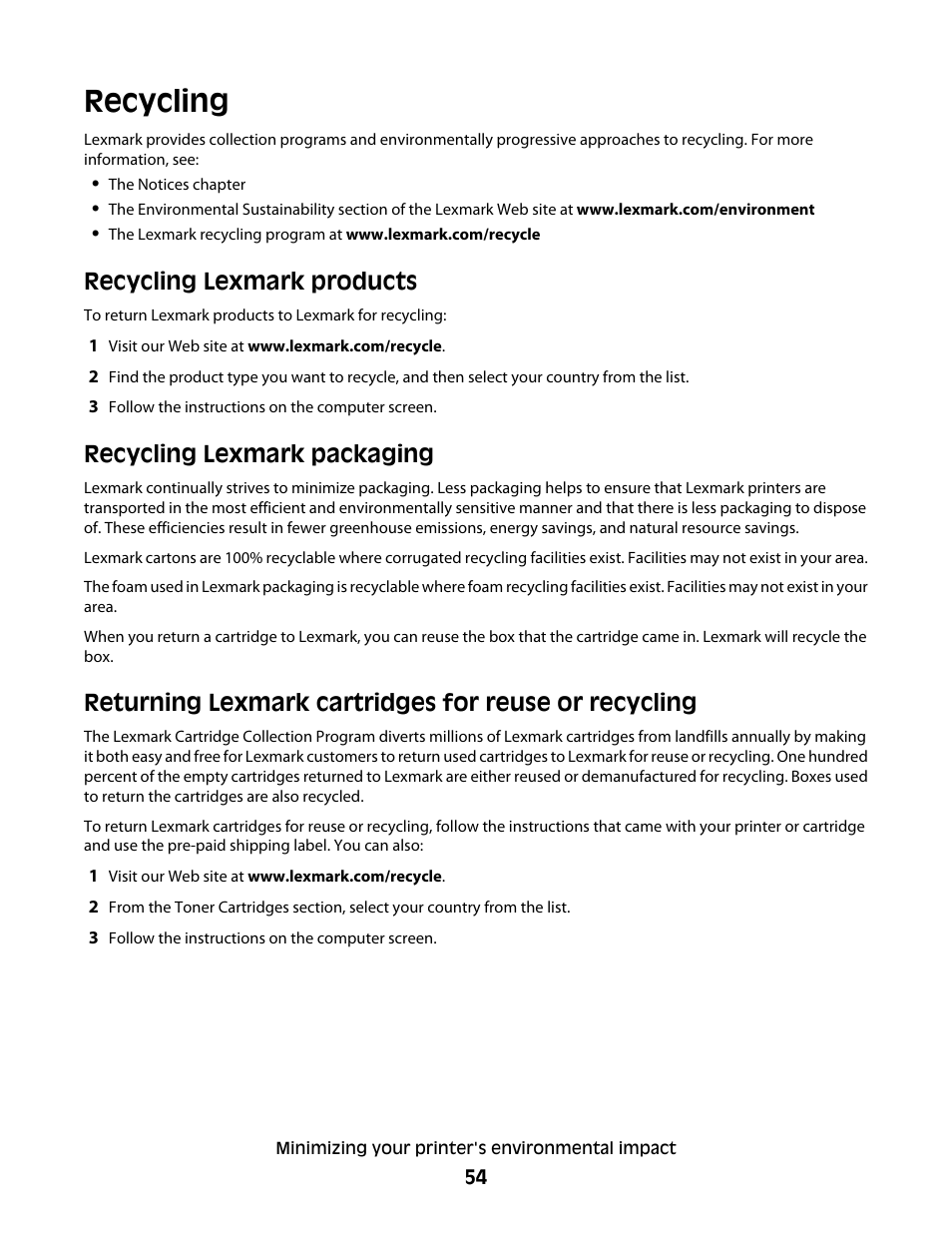 Recycling, Recycling lexmark products, Recycling lexmark packaging | Lexmark 280 User Manual | Page 54 / 217