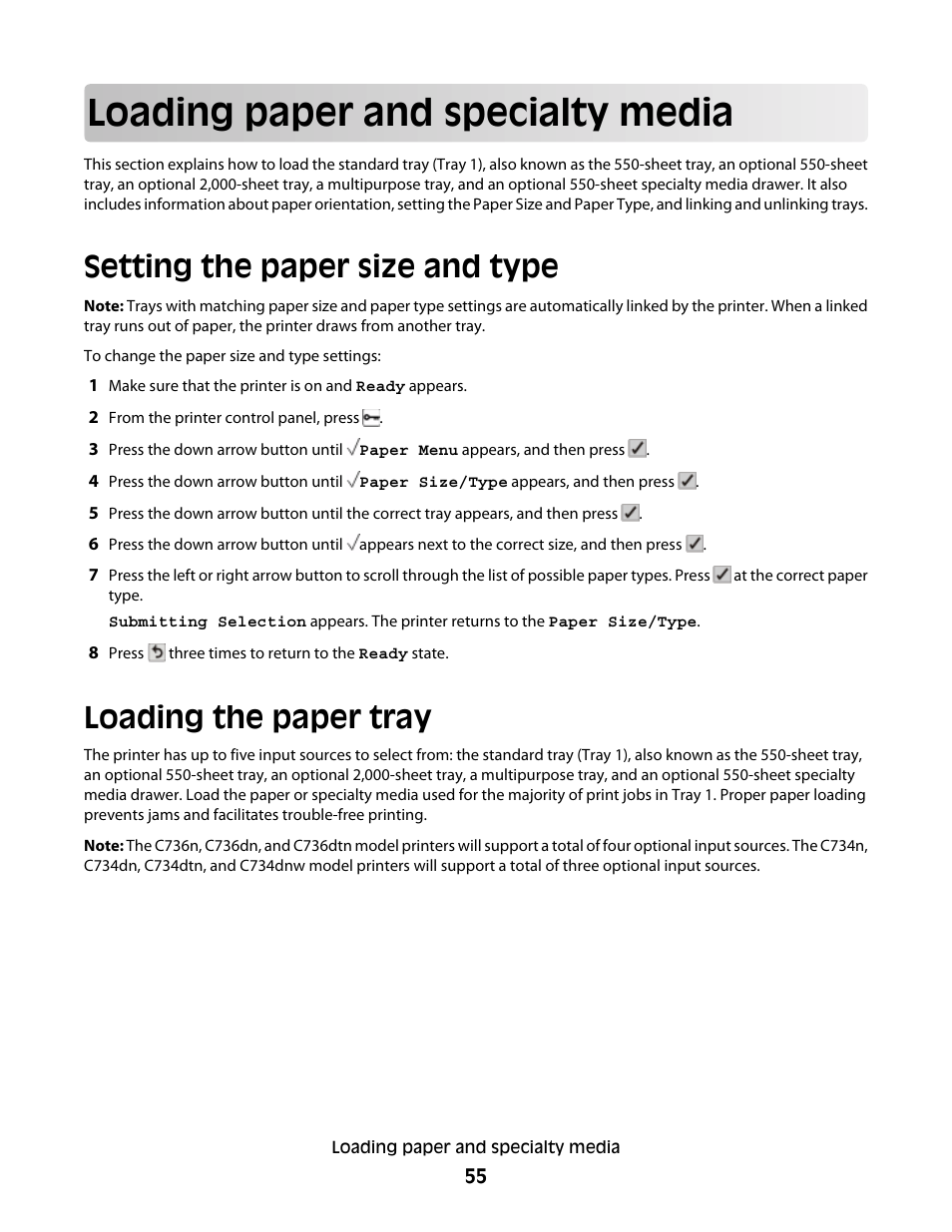 Loading paper and specialty media, Setting the paper size and type, Loading the paper tray | Lexmark 280 User Manual | Page 55 / 217