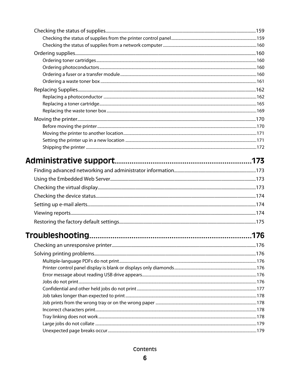 Administrative support, Troubleshooting | Lexmark 280 User Manual | Page 6 / 217