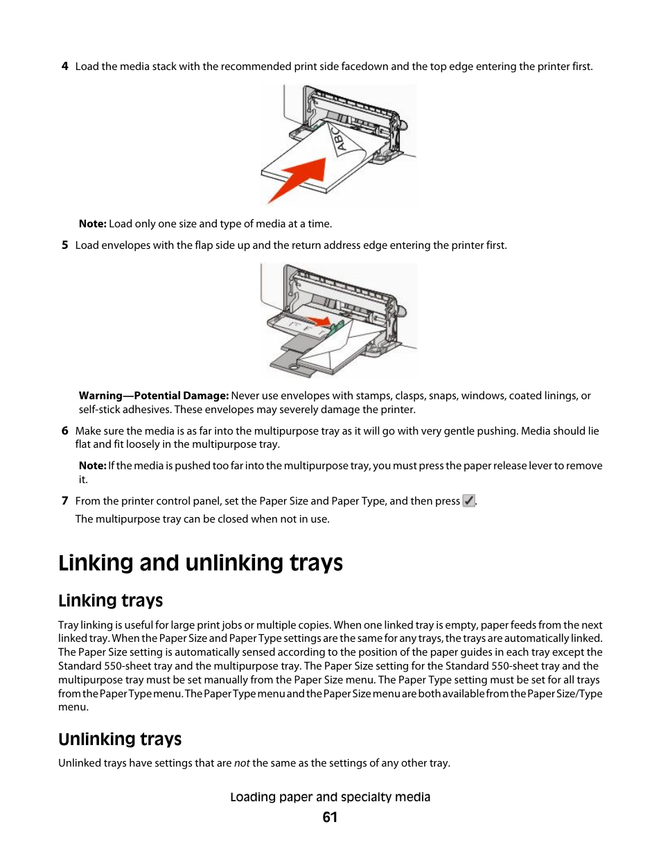Linking and unlinking trays, Linking trays, Unlinking trays | Linking trays unlinking trays | Lexmark 280 User Manual | Page 61 / 217