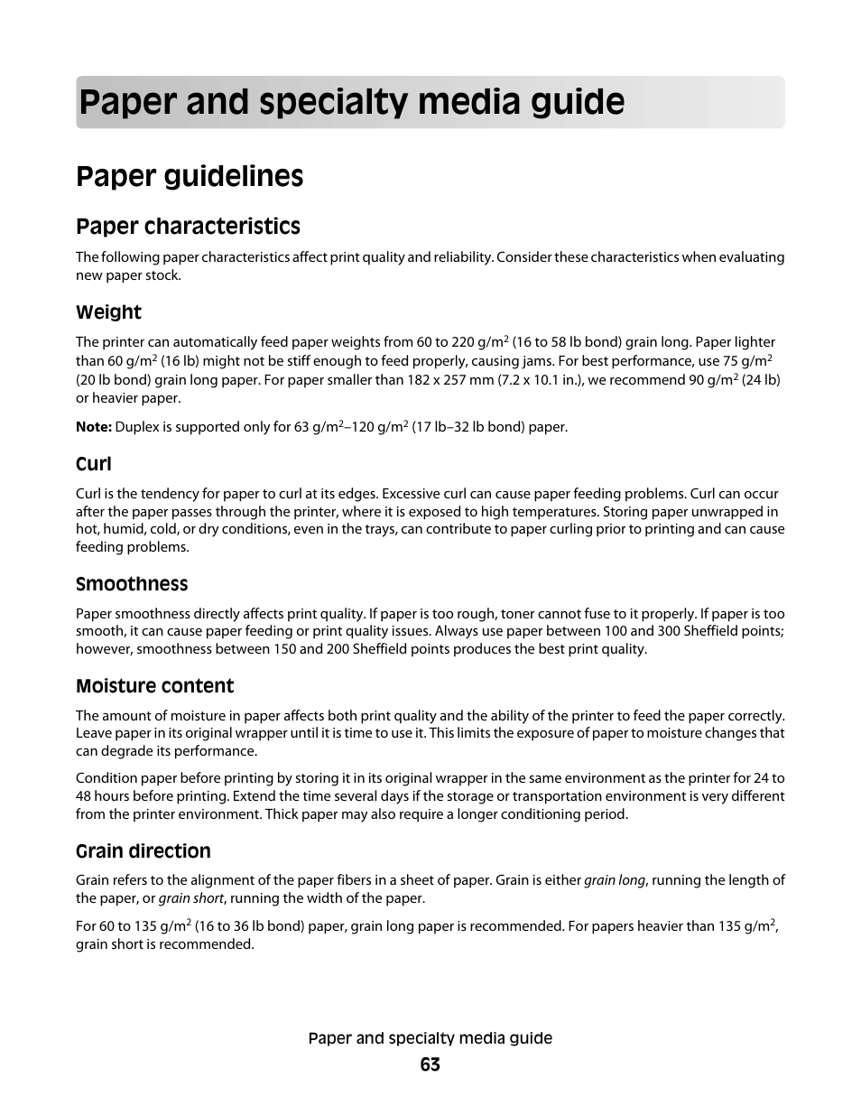 Paper and specialty media guide, Paper guidelines, Paper characteristics | Lexmark 280 User Manual | Page 63 / 217