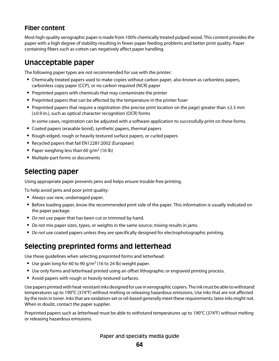 Unacceptable paper, Selecting paper, Selecting preprinted forms and letterhead | Lexmark 280 User Manual | Page 64 / 217