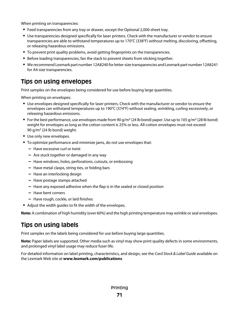 Tips on using envelopes, Tips on using labels, Tips on using envelopes tips on using labels | Lexmark 280 User Manual | Page 71 / 217