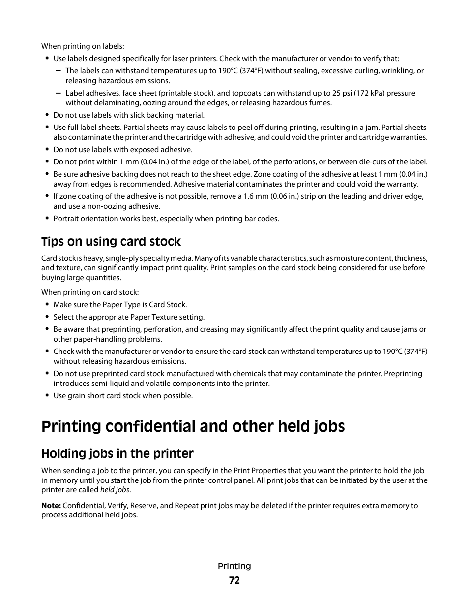 Tips on using card stock, Printing confidential and other held jobs, Holding jobs in the printer | Lexmark 280 User Manual | Page 72 / 217