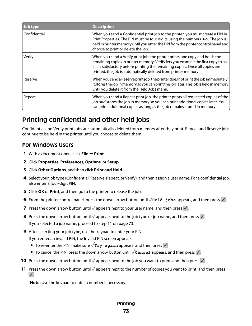 Printing confidential and other held jobs | Lexmark 280 User Manual | Page 73 / 217