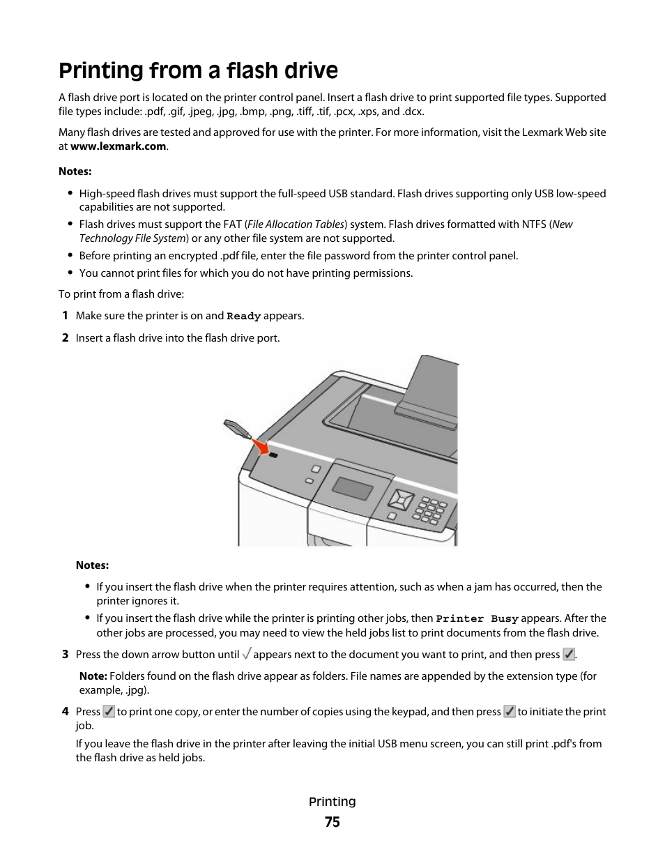 Printing from a flash drive | Lexmark 280 User Manual | Page 75 / 217