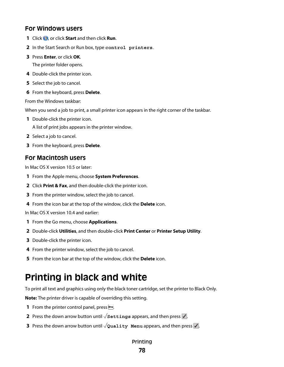 Printing in black and white | Lexmark 280 User Manual | Page 78 / 217