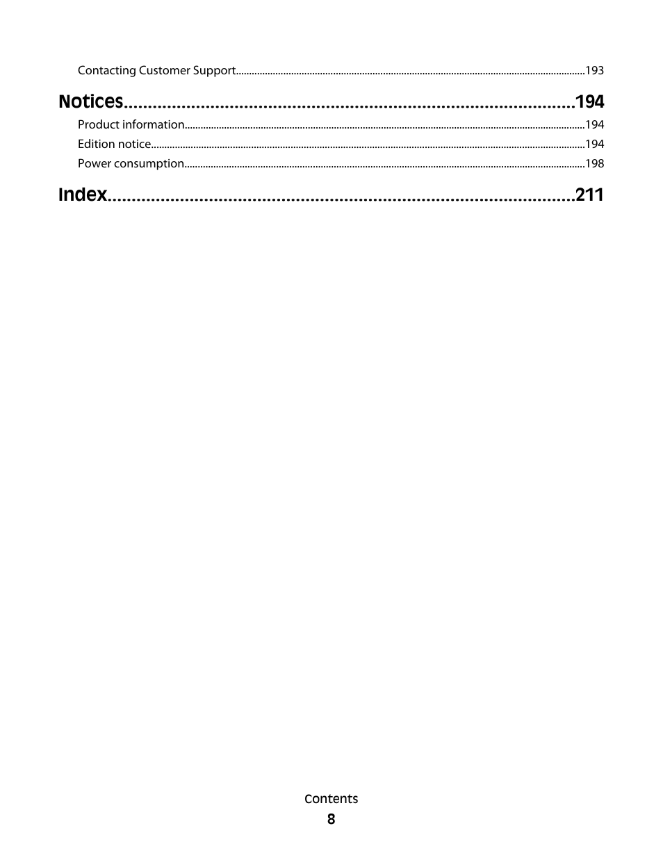 Notices, Index | Lexmark 280 User Manual | Page 8 / 217