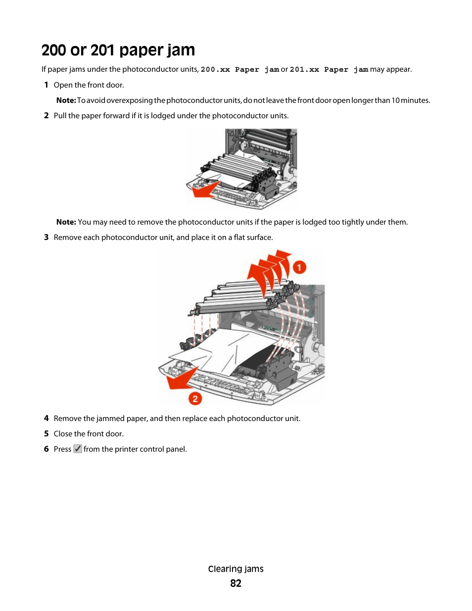 200 or 201 paper jam | Lexmark 280 User Manual | Page 82 / 217