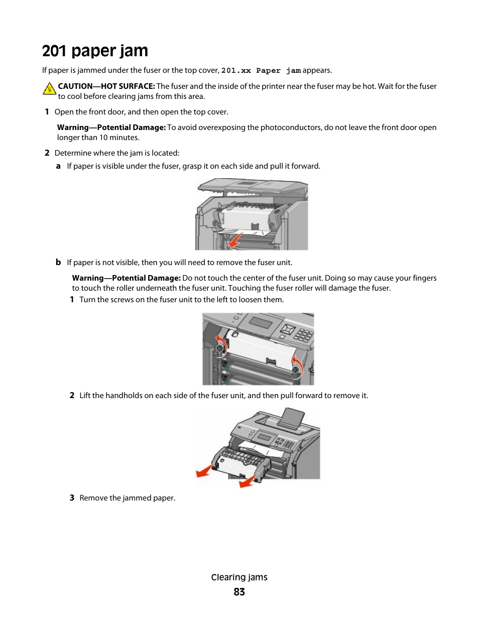 201 paper jam | Lexmark 280 User Manual | Page 83 / 217