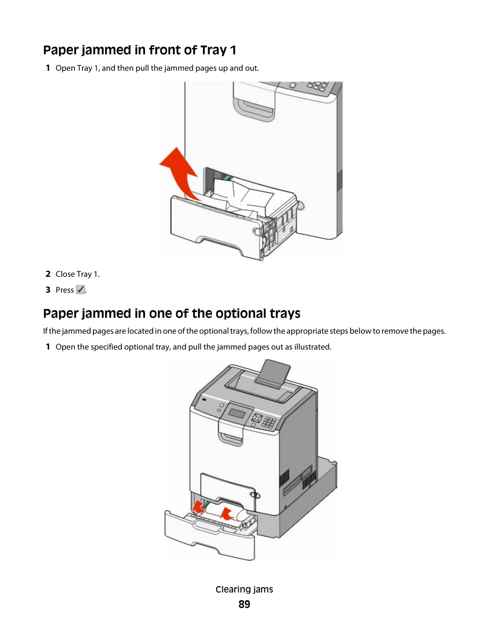 Paper jammed in front of tray 1, Paper jammed in one of the optional trays | Lexmark 280 User Manual | Page 89 / 217