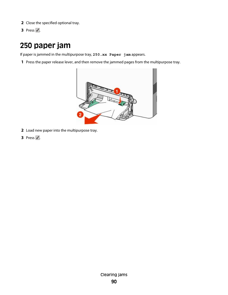 250 paper jam | Lexmark 280 User Manual | Page 90 / 217