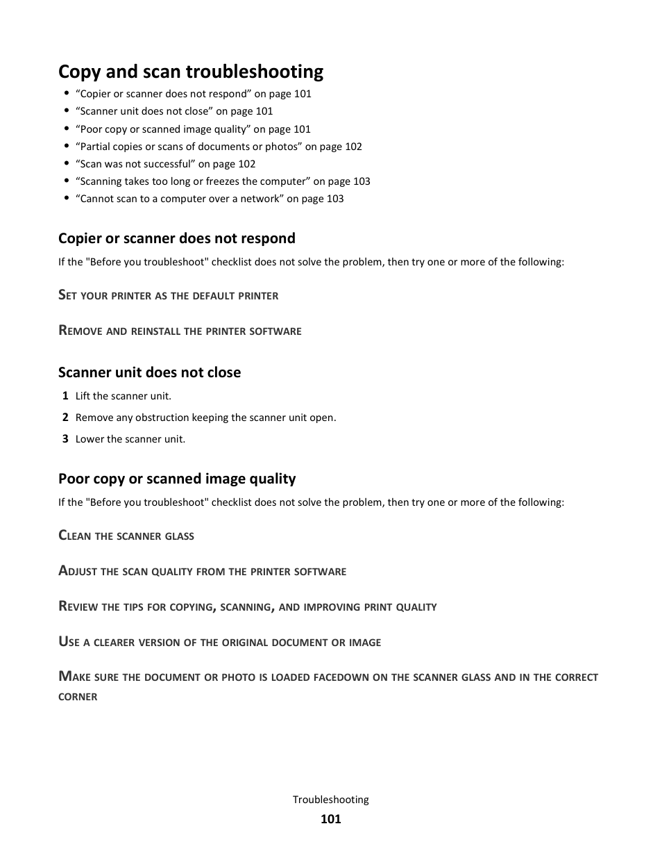Copy and scan troubleshooting, Copier or scanner does not respond, Scanner unit does not close | Poor copy or scanned image quality | Lexmark 101 User Manual | Page 101 / 144