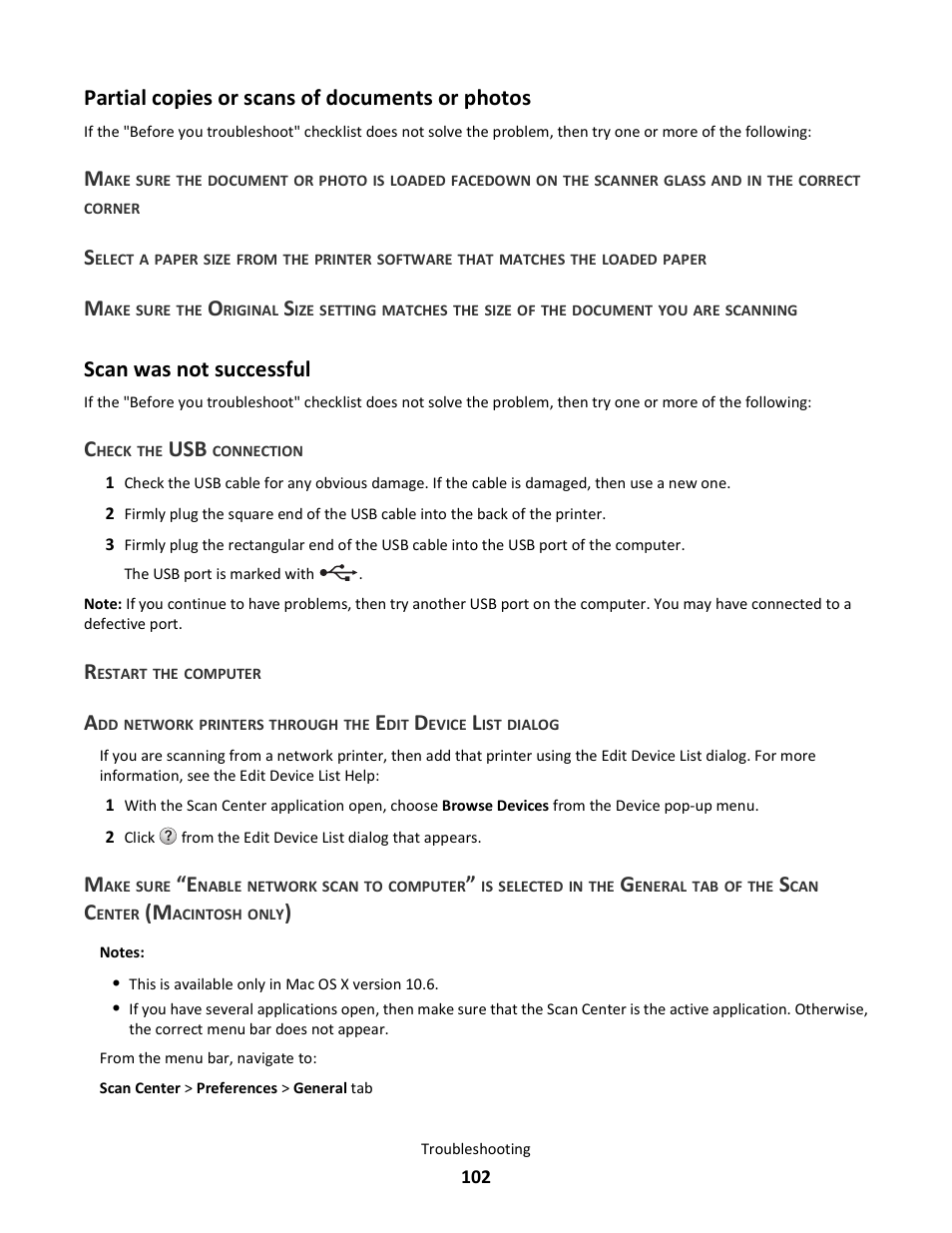 Partial copies or scans of documents or photos, Scan was not successful | Lexmark 101 User Manual | Page 102 / 144