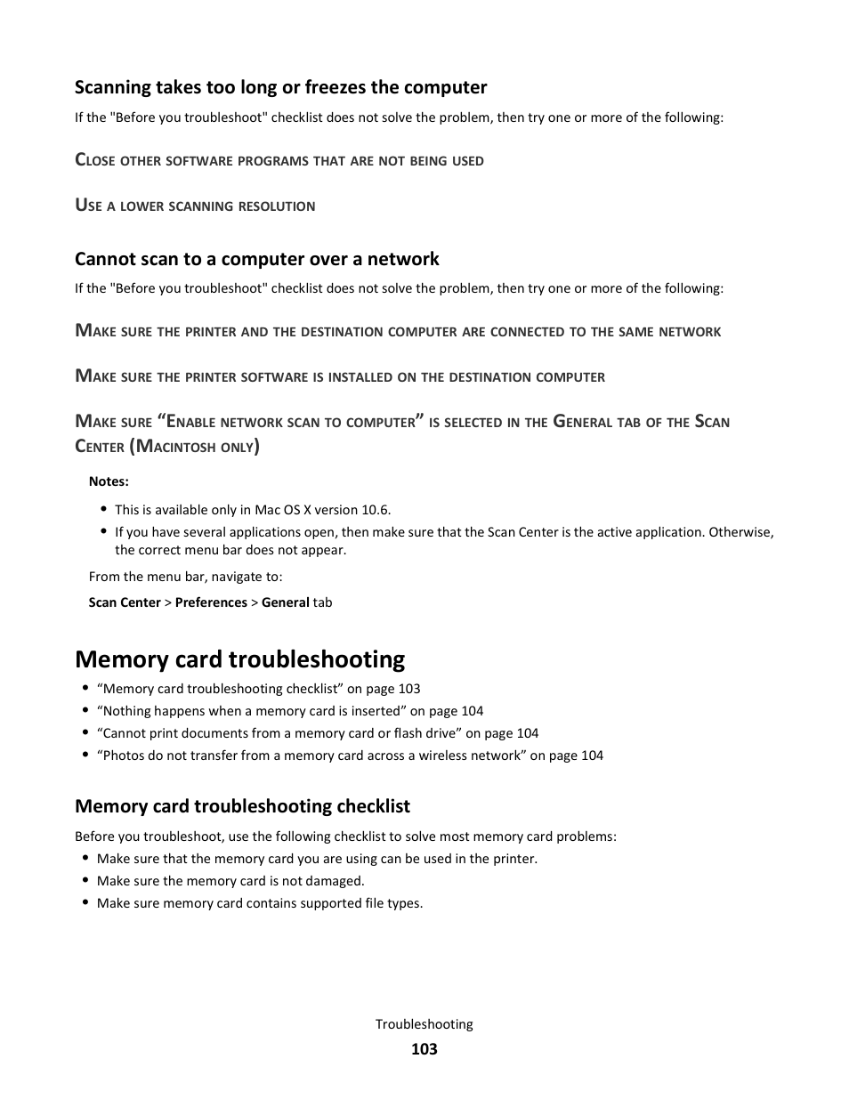 Scanning takes too long or freezes the computer, Cannot scan to a computer over a network, Memory card troubleshooting | Memory card troubleshooting checklist | Lexmark 101 User Manual | Page 103 / 144