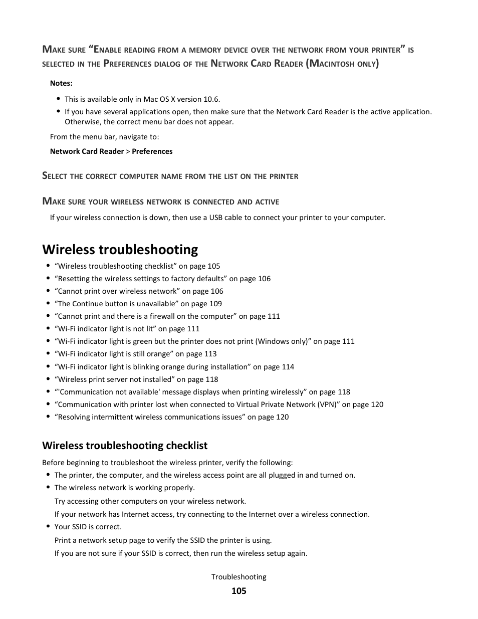 Wireless troubleshooting, Wireless troubleshooting checklist | Lexmark 101 User Manual | Page 105 / 144