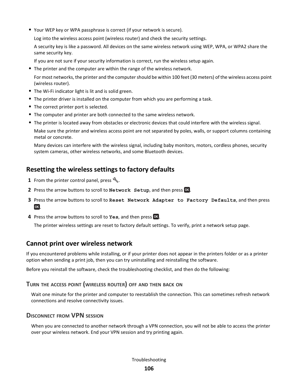 Cannot print over wireless network | Lexmark 101 User Manual | Page 106 / 144