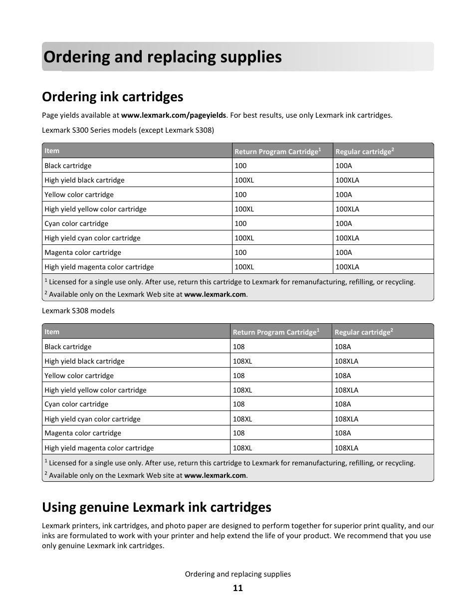 Ordering and replacing supplies, Ordering ink cartridges, Using genuine lexmark ink cartridges | Lexmark 101 User Manual | Page 11 / 144