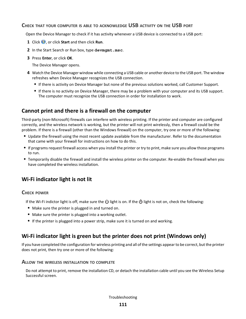 Wi-fi indicator light is not lit, Wi-fi indicator light is not lit c | Lexmark 101 User Manual | Page 111 / 144