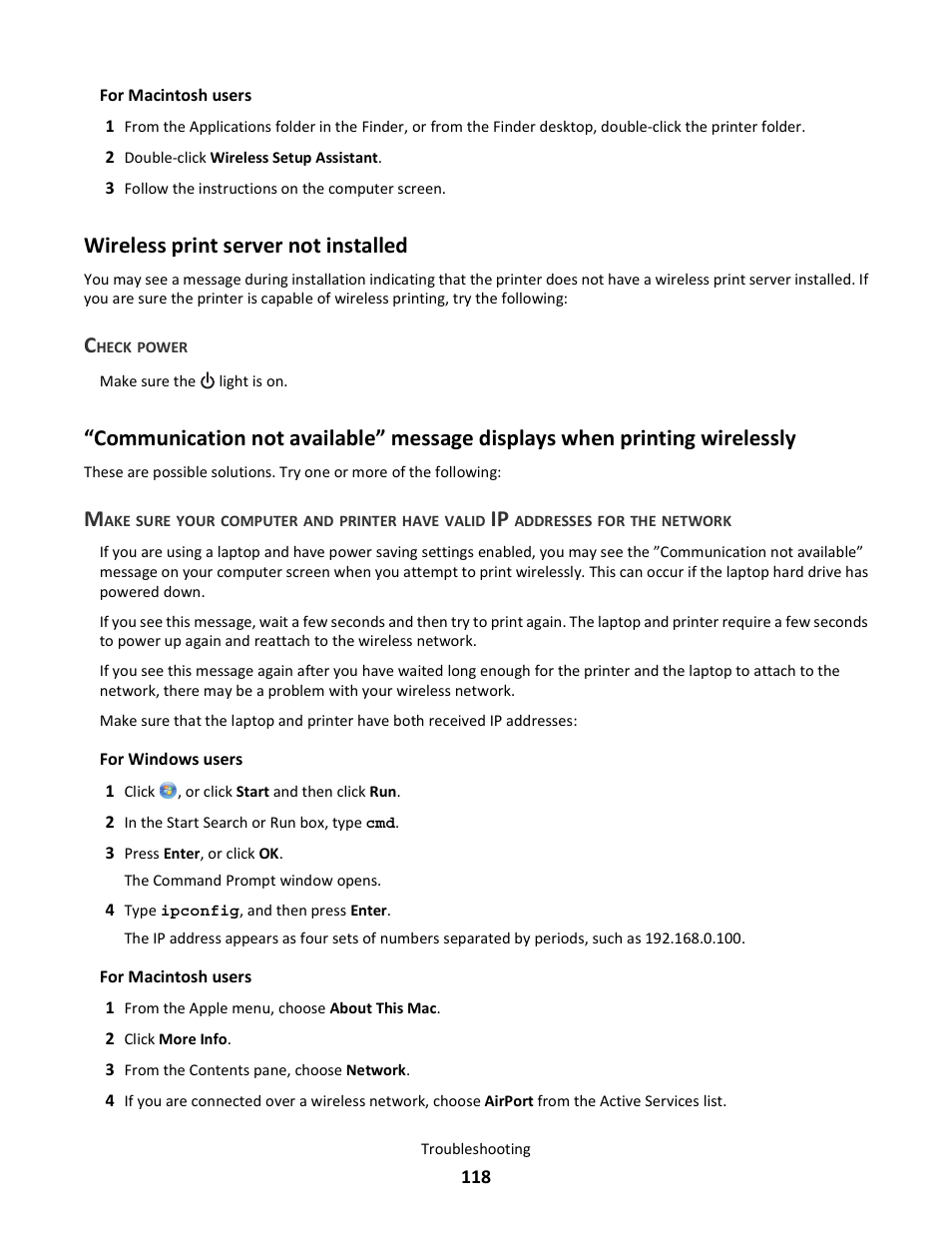 Wireless print server not installed | Lexmark 101 User Manual | Page 118 / 144