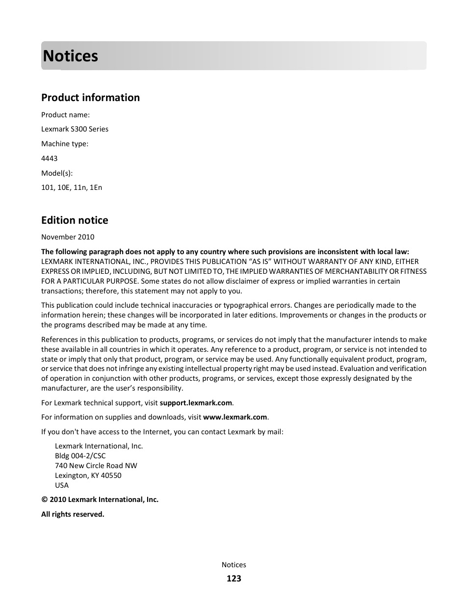 Notices, Product information, Edition notice | Lexmark 101 User Manual | Page 123 / 144