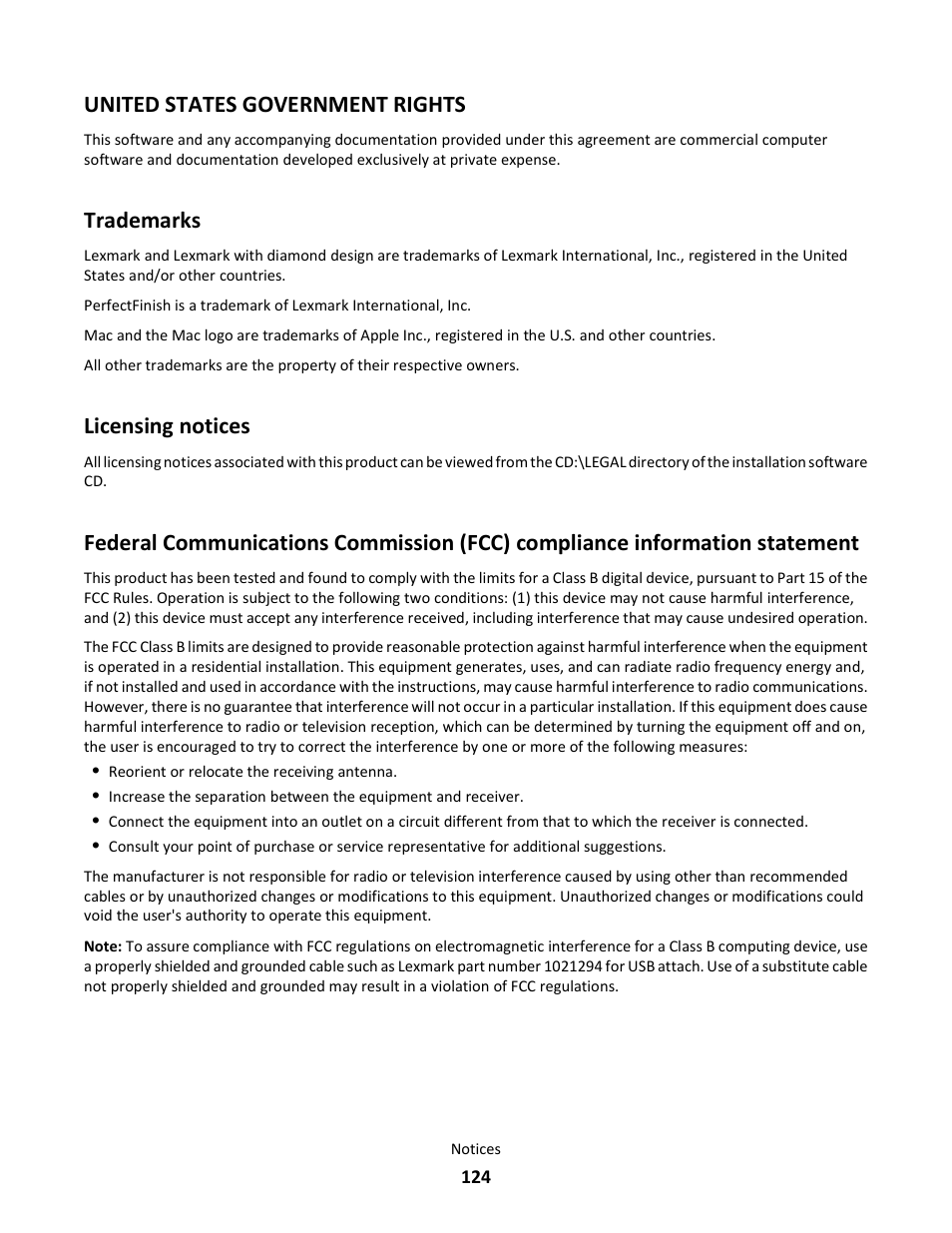 United states government rights, Trademarks, Licensing notices | Lexmark 101 User Manual | Page 124 / 144