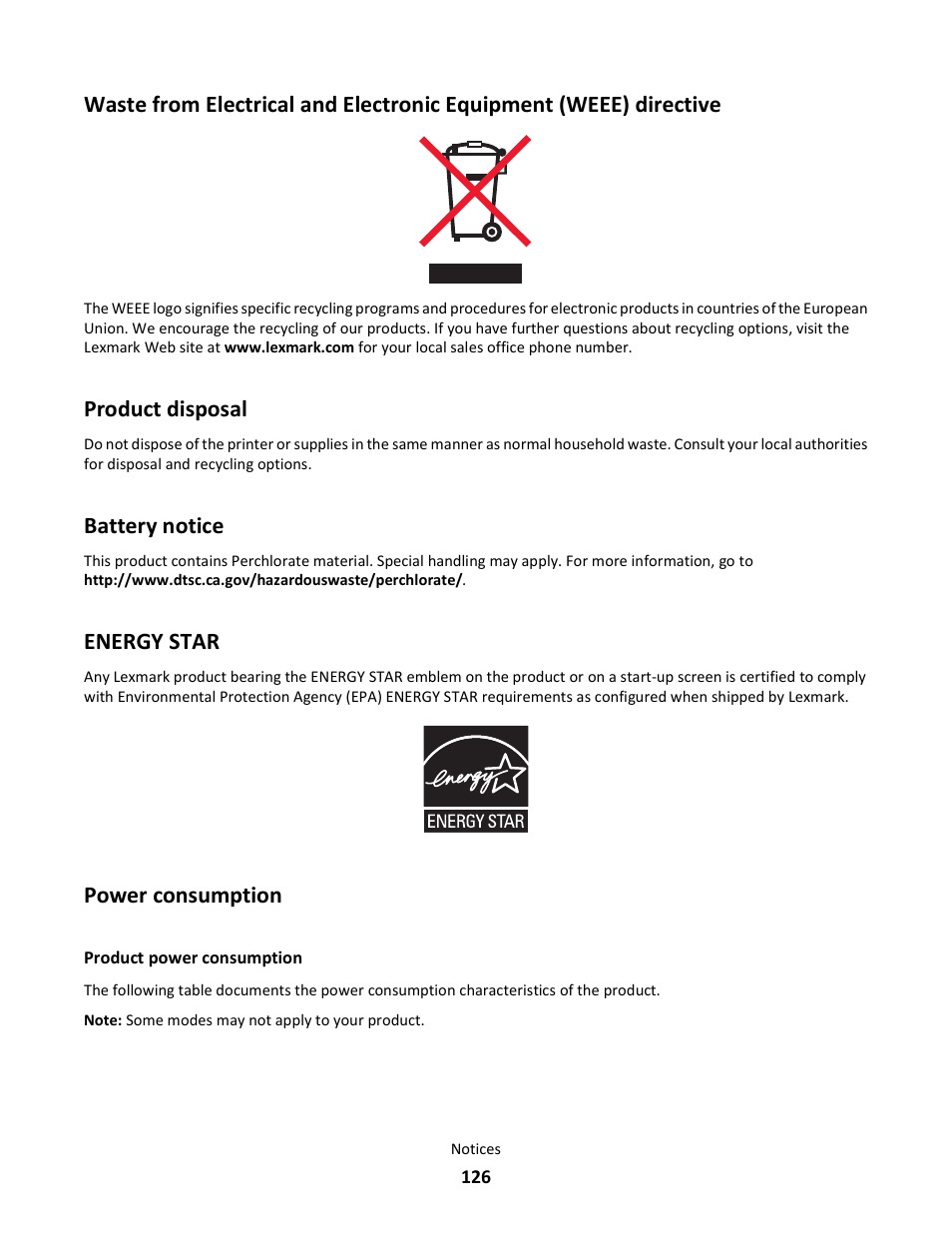 Product disposal, Battery notice, Energy star | Power consumption, Product power consumption | Lexmark 101 User Manual | Page 126 / 144