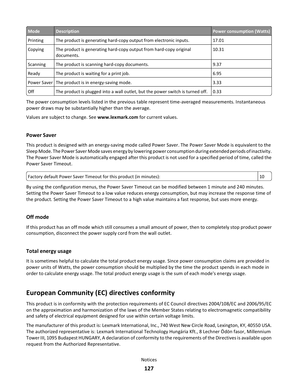 Power saver, Off mode, Total energy usage | European community (ec) directives conformity | Lexmark 101 User Manual | Page 127 / 144