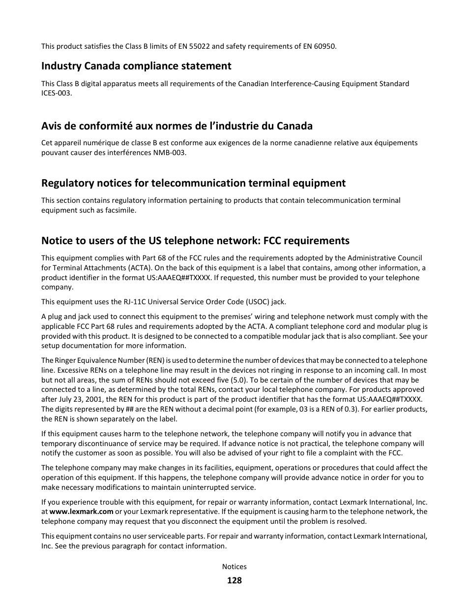 Industry canada compliance statement | Lexmark 101 User Manual | Page 128 / 144
