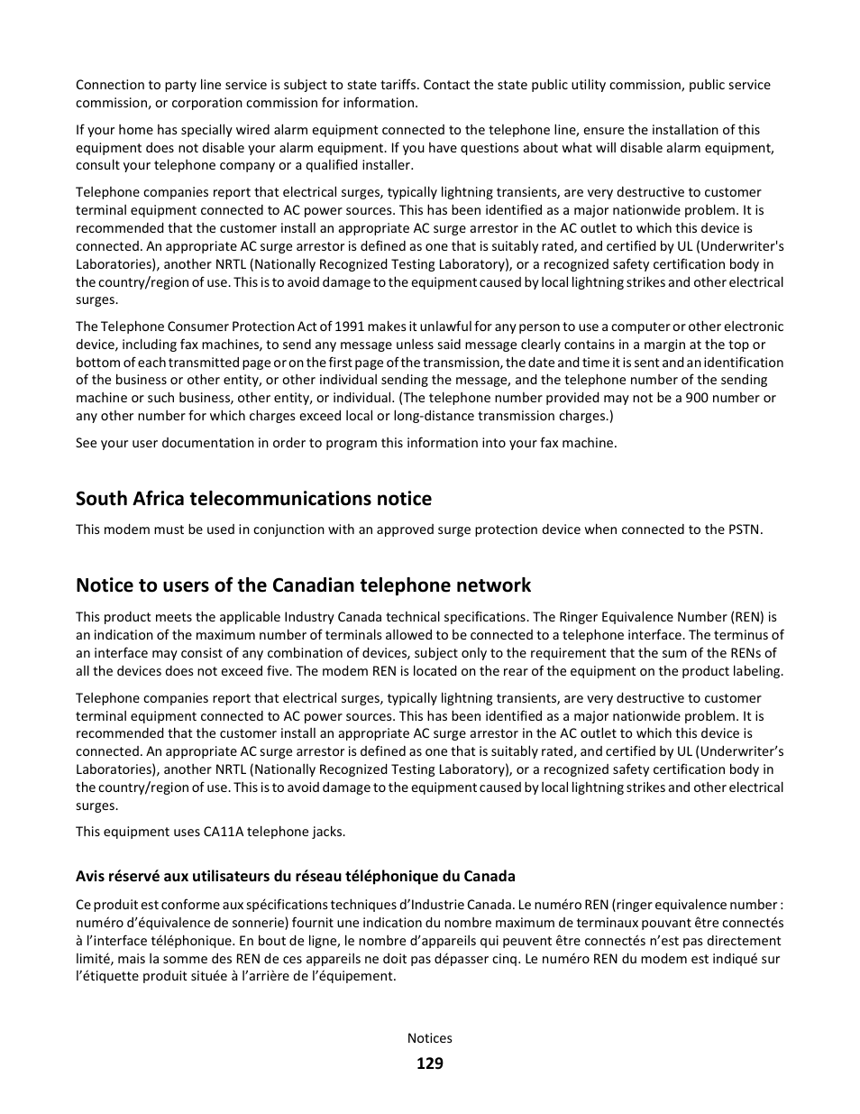 South africa telecommunications notice, Notice to users of the canadian telephone network | Lexmark 101 User Manual | Page 129 / 144