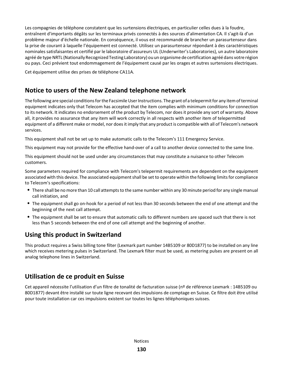 Using this product in switzerland, Utilisation de ce produit en suisse | Lexmark 101 User Manual | Page 130 / 144