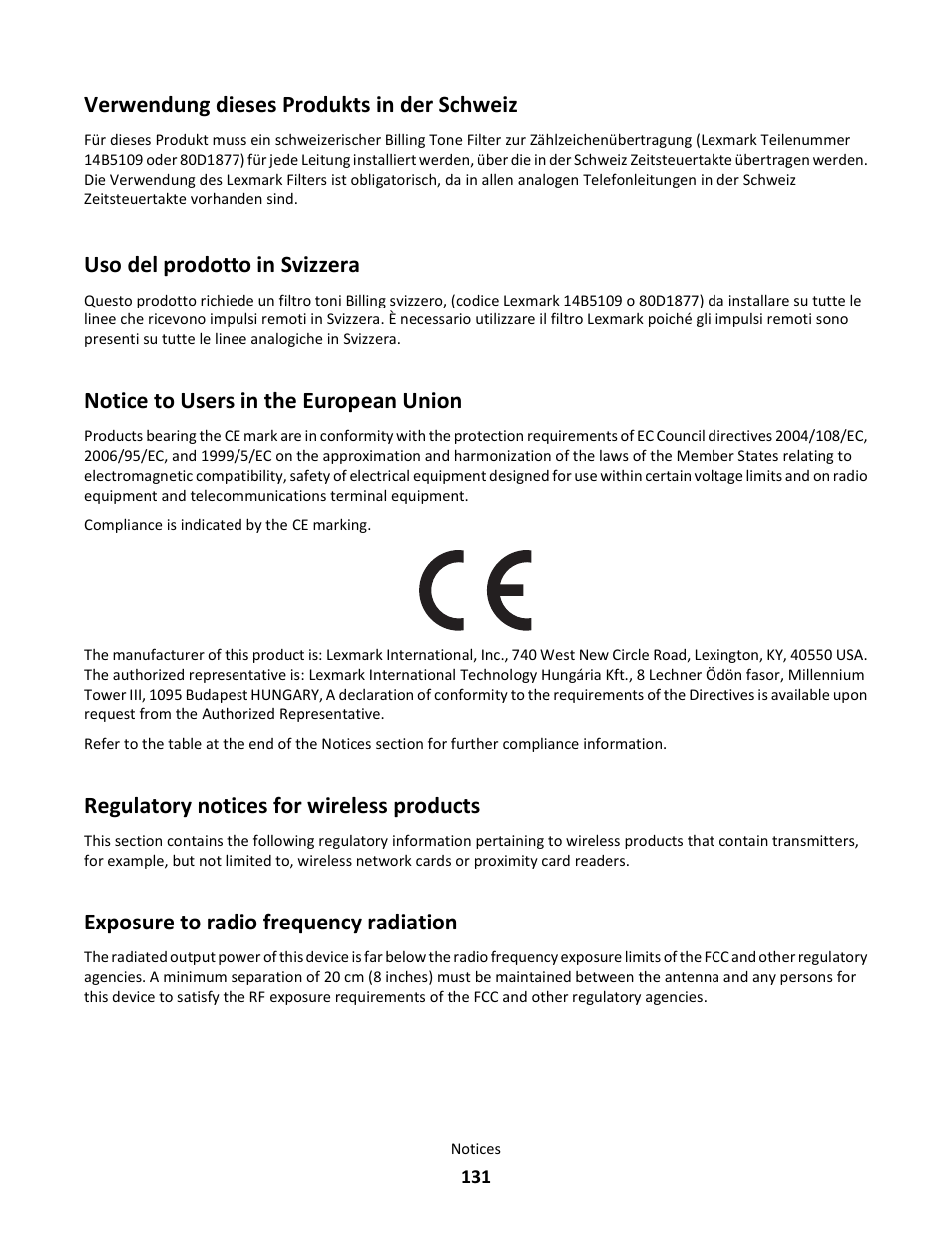 Notice to users in the european union, Regulatory notices for wireless products, Exposure to radio frequency radiation | Verwendung dieses produkts in der schweiz, Uso del prodotto in svizzera | Lexmark 101 User Manual | Page 131 / 144
